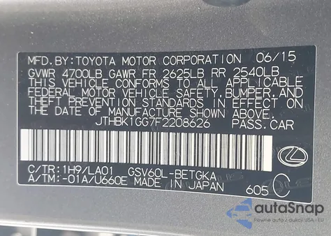 2015 Lexus Es 350 z USA, uszkodzony, nr VIN JTHBK1GG7F2208626